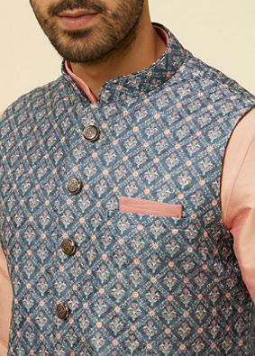 alt message - Manyavar Men Teal Blue Jaal Patterned Chikankari Embroidered Jacket image number 1